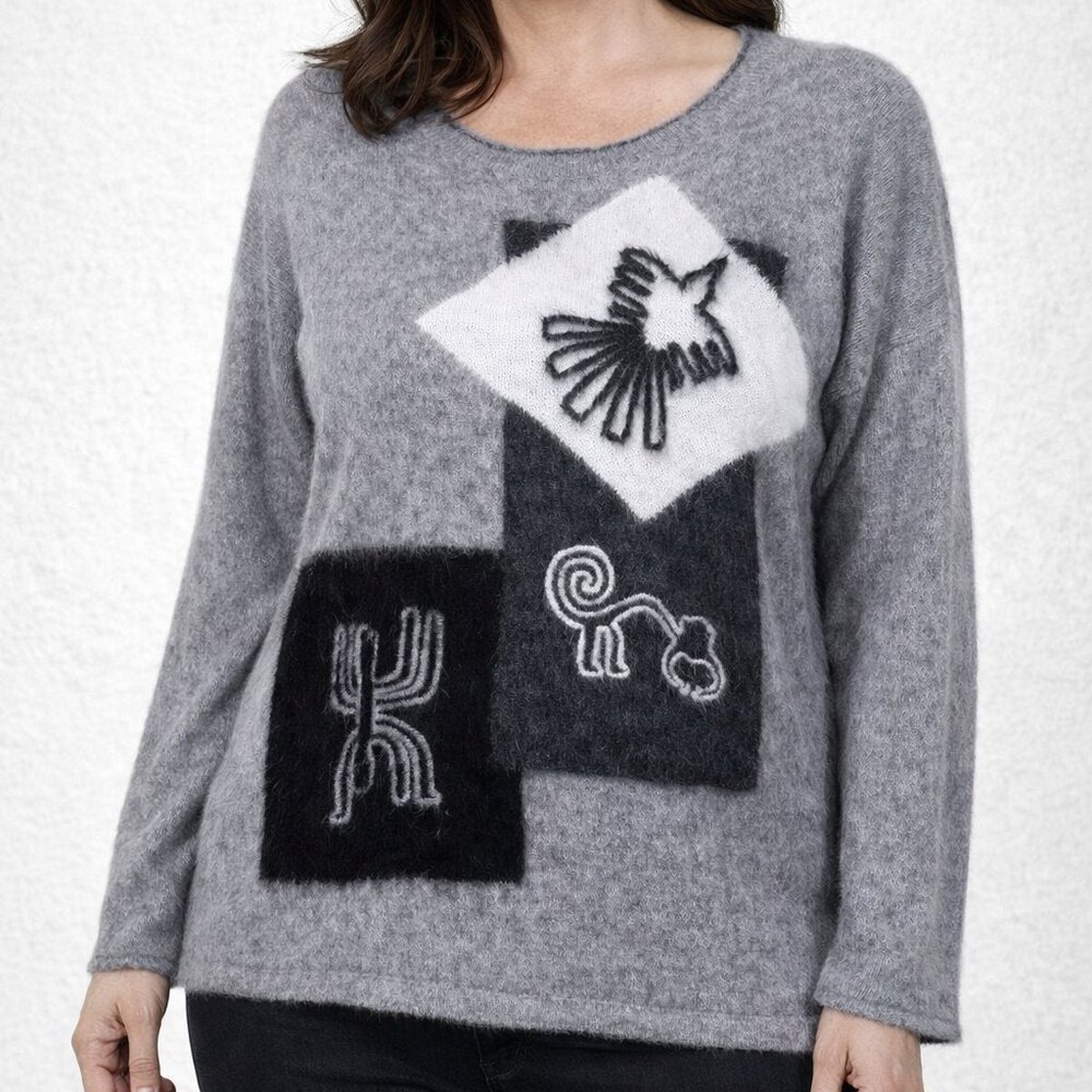 Alpaca Wool Sweater Gray Black S Long Sleeve Soft Pull Over Scoop Neck
